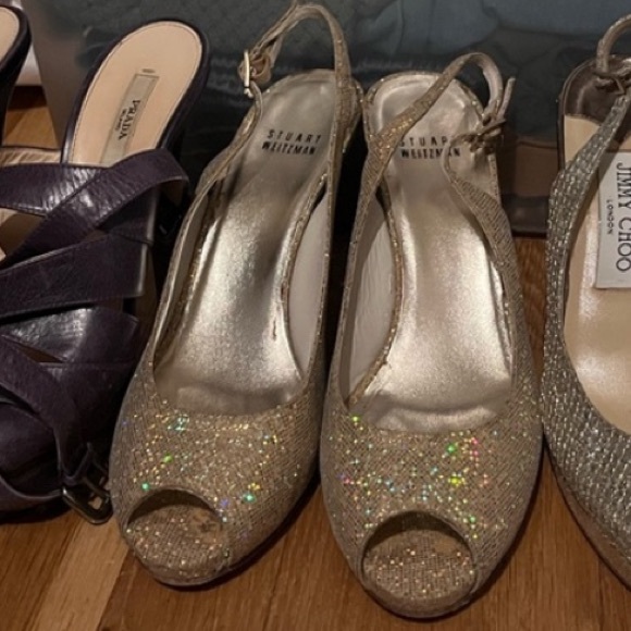 Stuart Weitzman Gold sparkly open toed slingback 9 - Picture 7 of 9